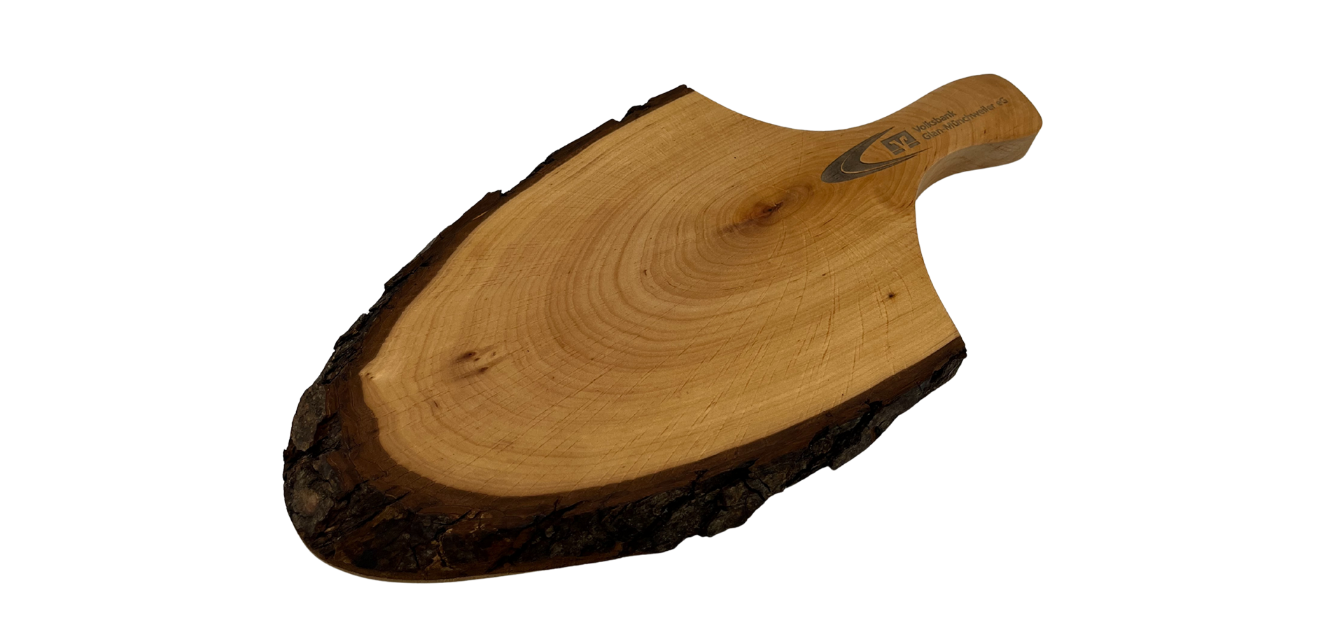 Vesper-Brett aus Holz mit Logo der Volksbank Glan-Münchweiler eG