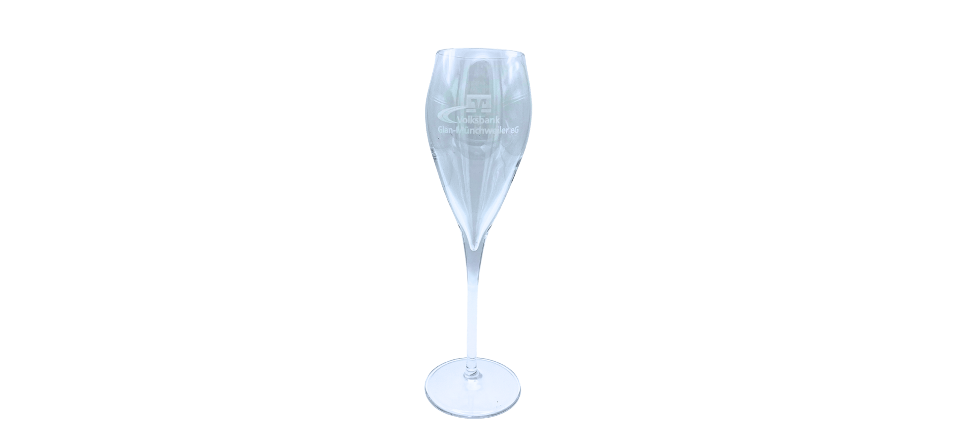Champagner-Glas mit Logo der Volksbank Glan-Münchweiler eG